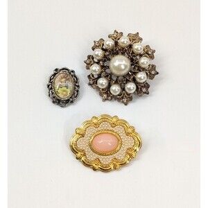 3 Vintage Brooch Avon Victorian Spring Faux Pearl Hand Painted Pin Romantic